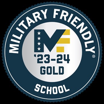 Circle logo that is dark blue, white text reads 